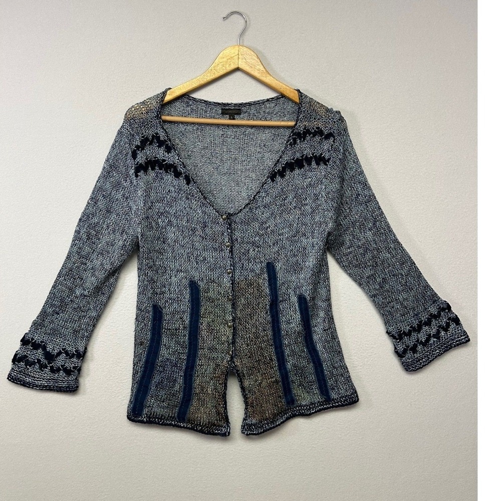Boho Artsy double u Women L Blue Marled Open Knit Ribbon Trim Cardigan Sweater